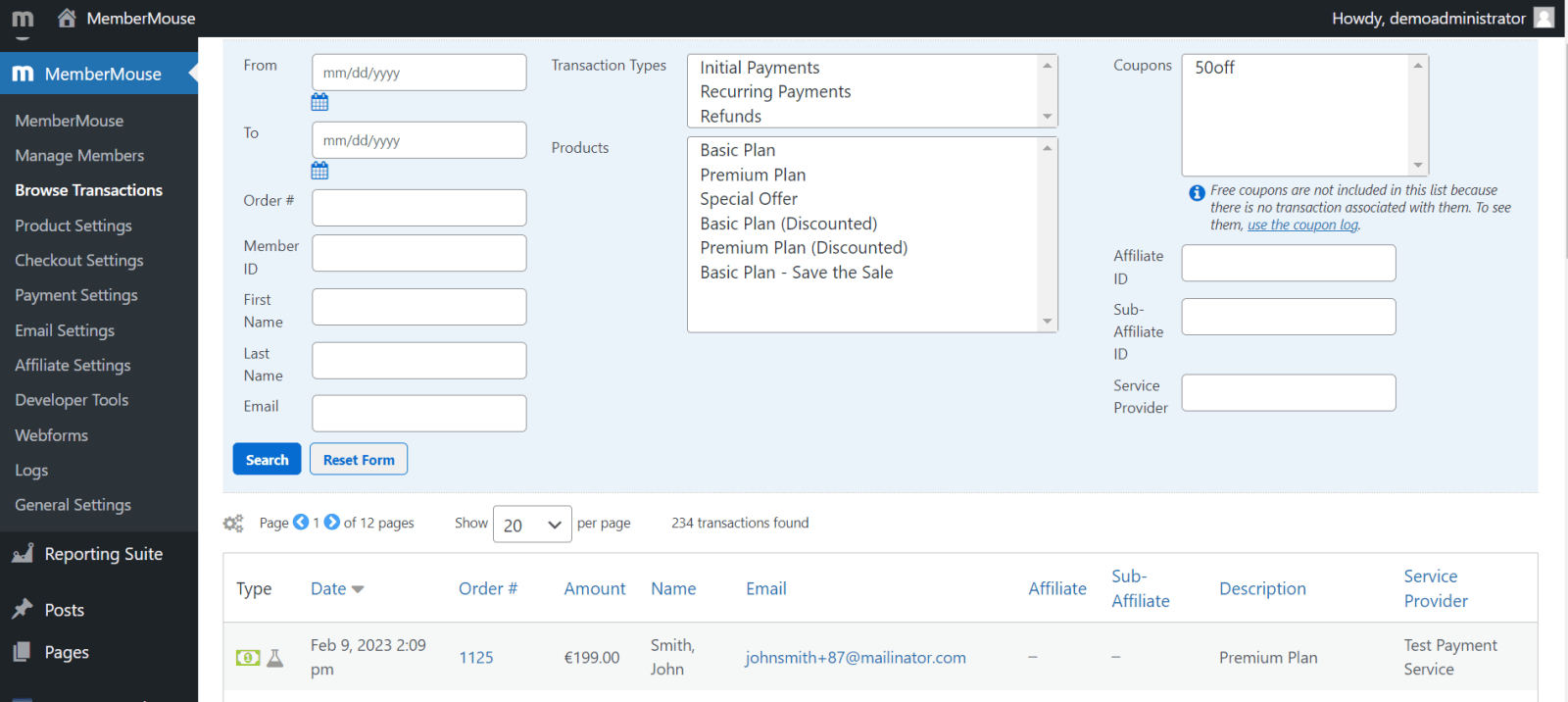 MemberMouse Admin Transactions