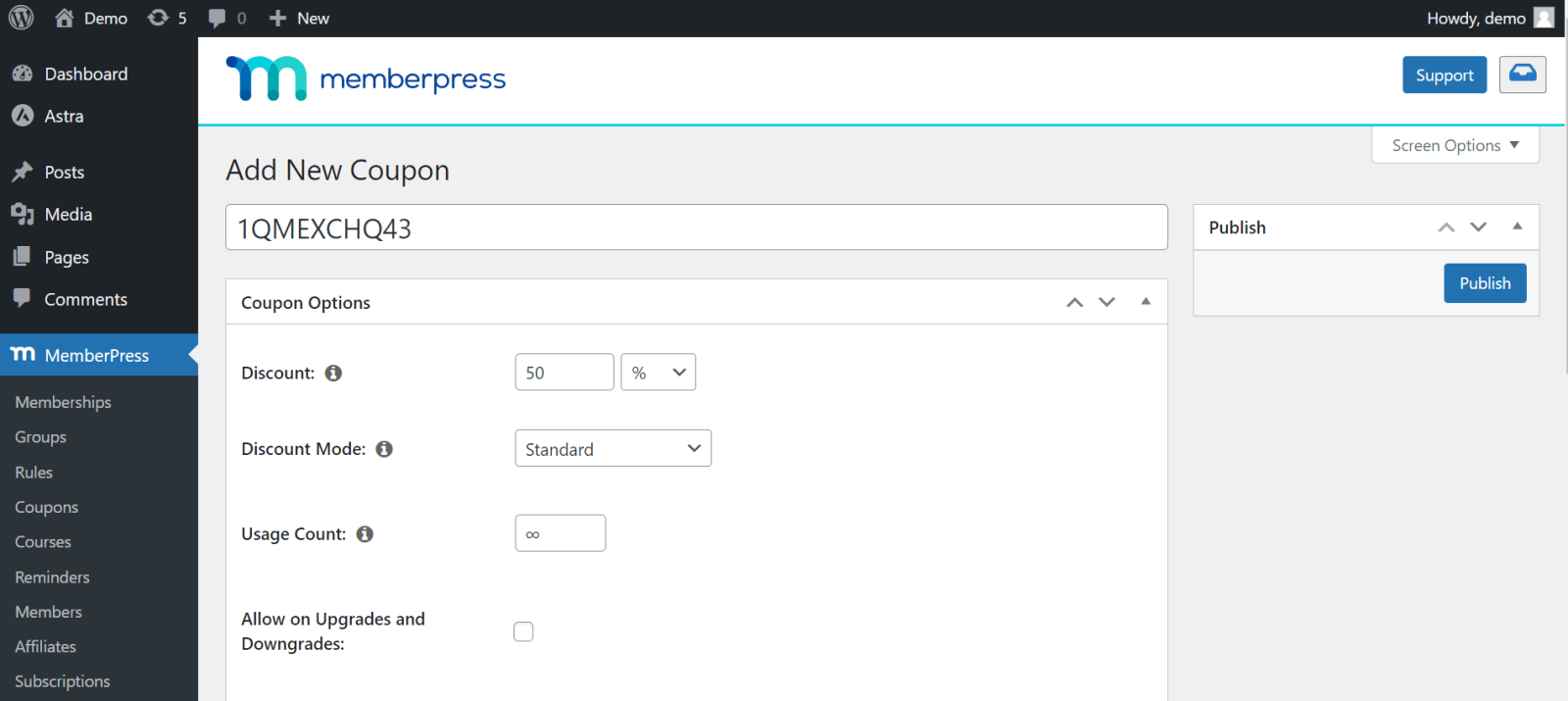 MemberPress Add Coupon Code