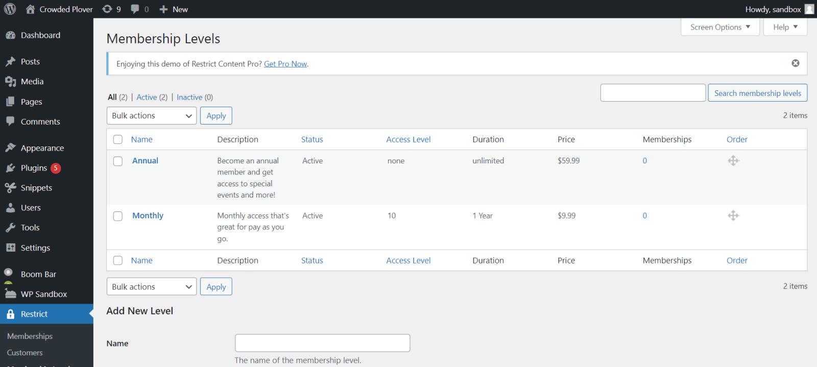 Restrict Content Pro Membership Levels