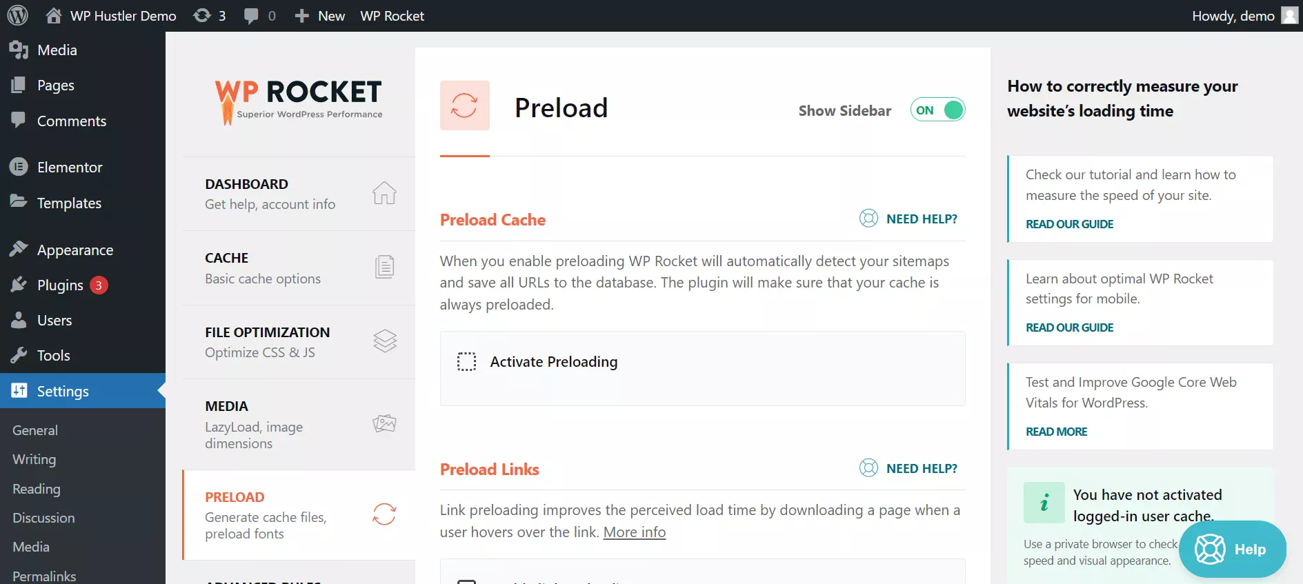 WP Rocket Preload Settings