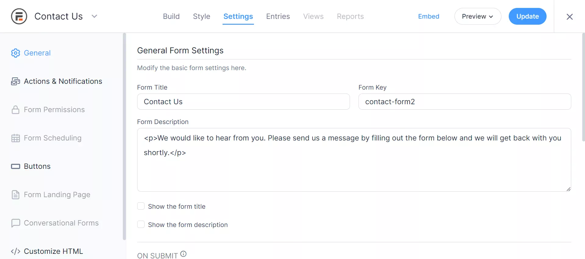 Formidable Forms - Form settings