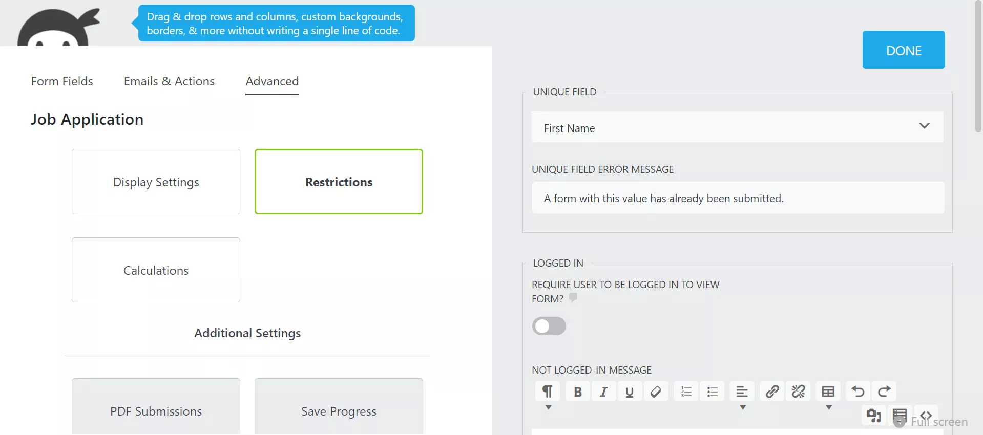 Ninja Forms - Advanced form settings